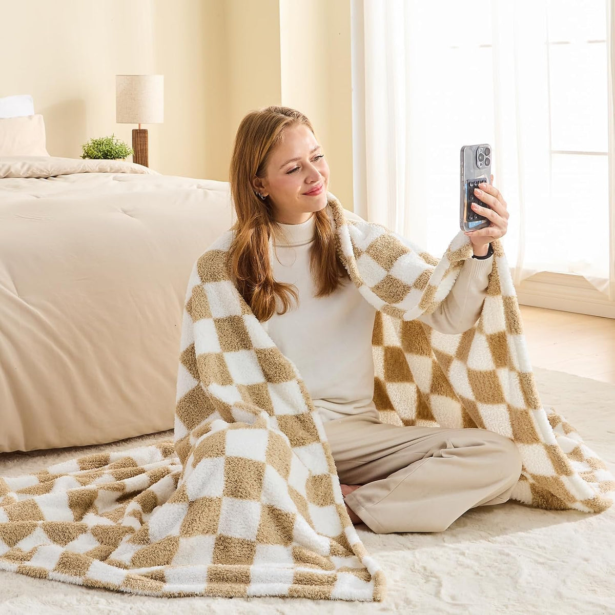 Knitted Throw Blanket 60"x80" Brown White