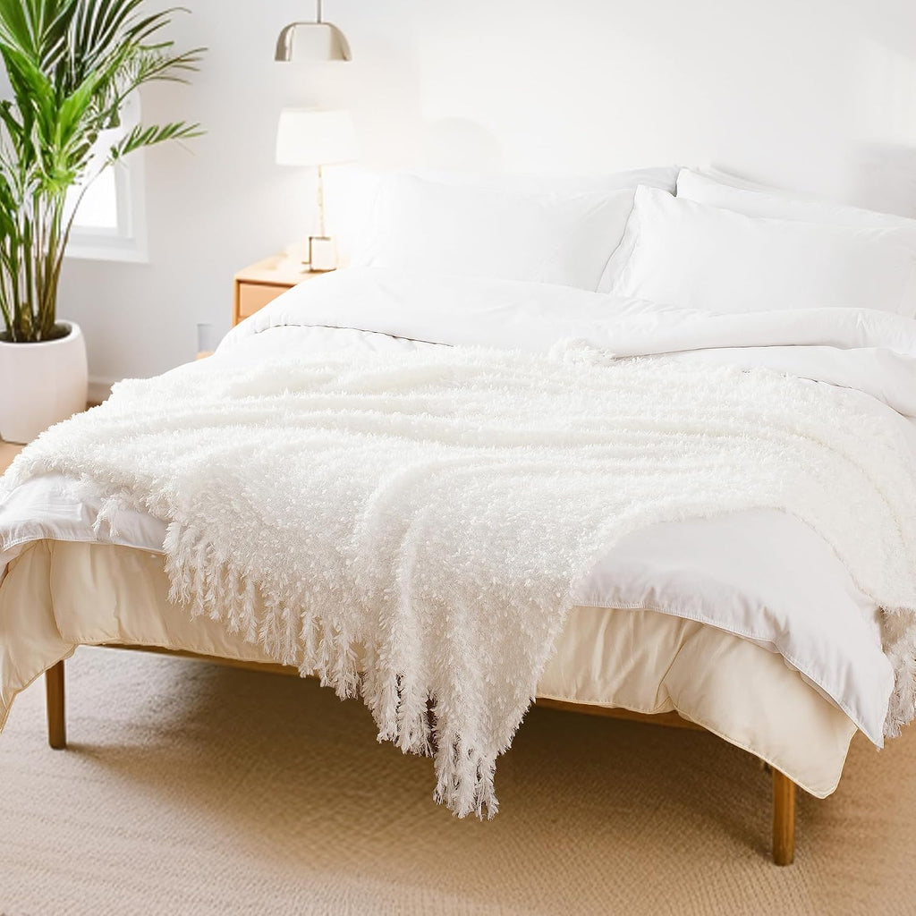 Tasseled Knit Throw Blanket 50"x60" White