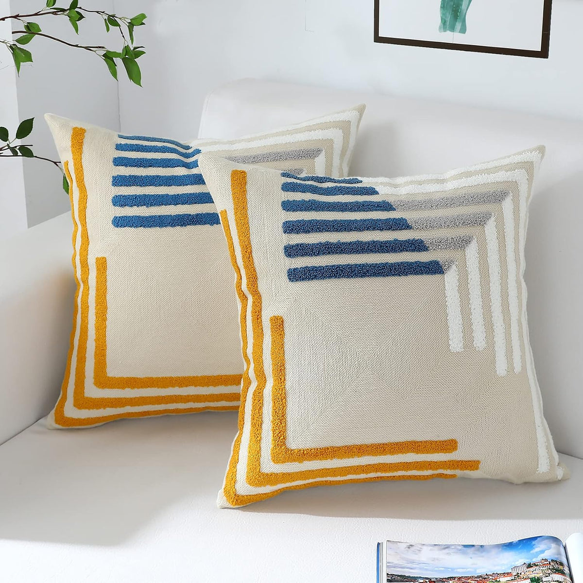 Yellow Blue Tufted Pillow Covers Set of 2