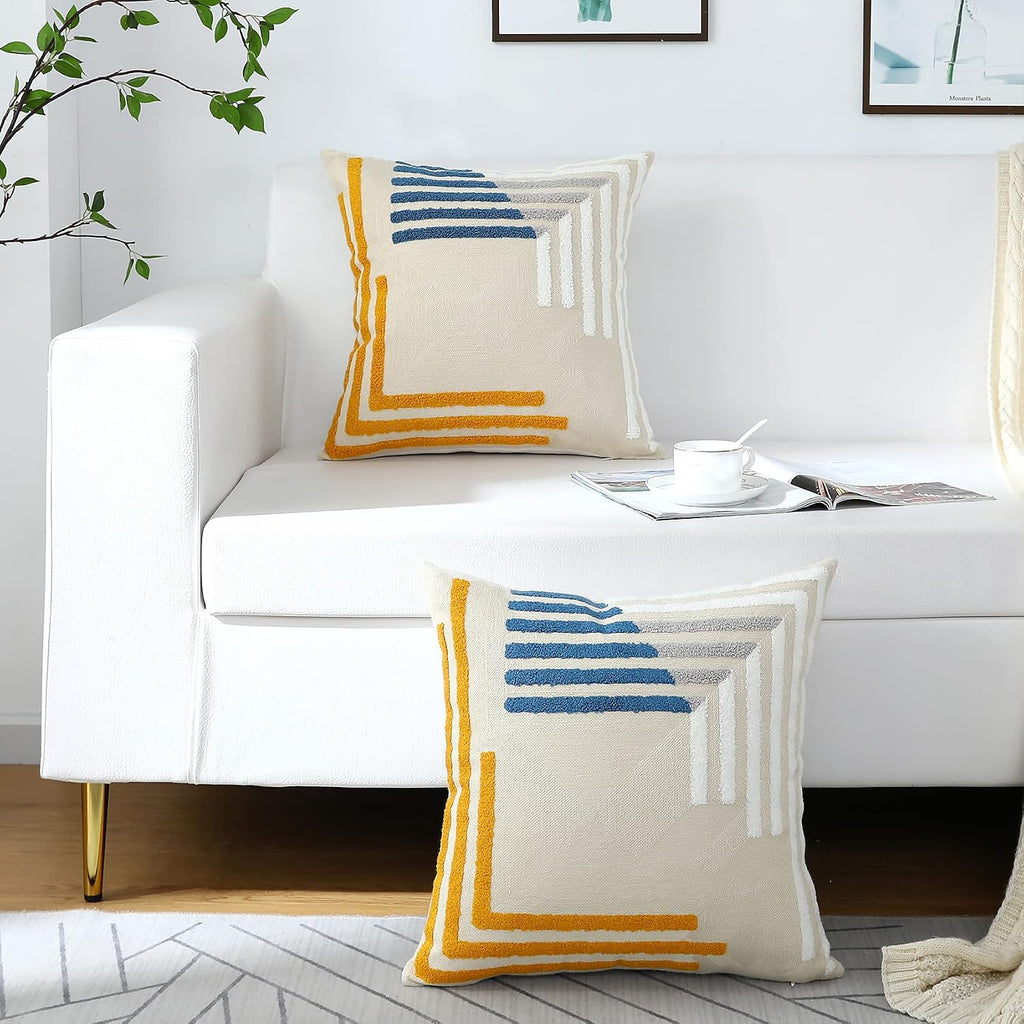 Yellow Blue Tufted Pillow Covers Set of 2