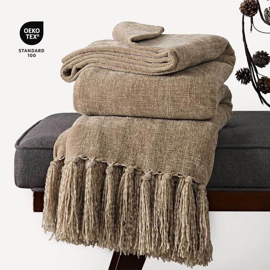 Chenille Knit Throw Blanket 50"x60" Beige