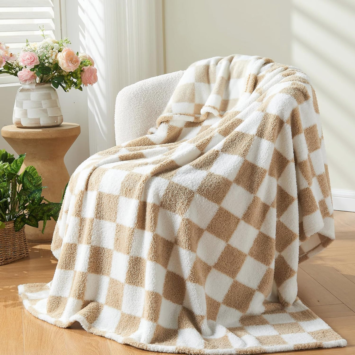 Knitted Throw Blanket 60"x80" Brown White