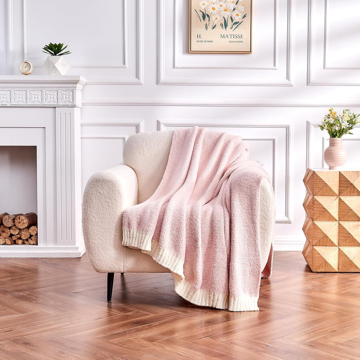 Knitted Throw Blanket 50"x60" Pink White