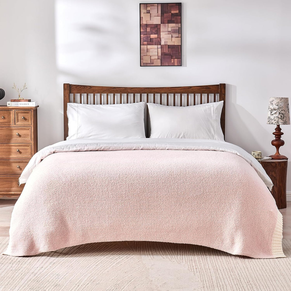 Knitted Throw Blanket 50"x60" Pink White